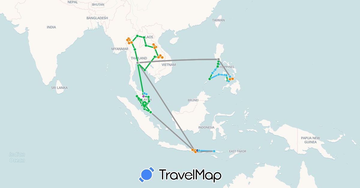 TravelMap itinerary: driving, bus, plane, train, boat, scooter in Indonesia, Laos, Malaysia, Philippines, Singapore, Thailand (Asia)