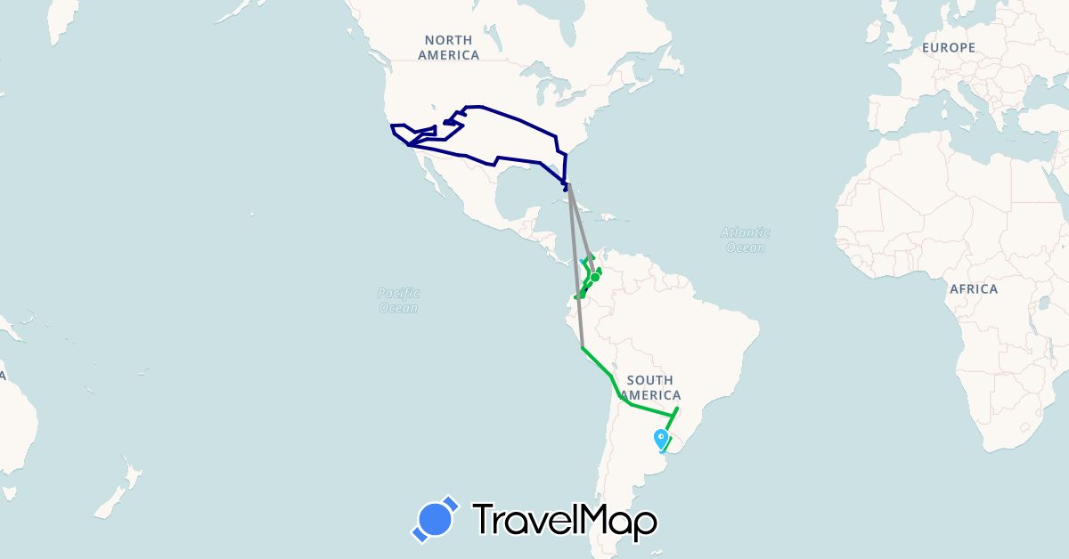 TravelMap itinerary: driving, bus, plane, boat in Argentina, Chile, Colombia, Ecuador, Peru, United States, Uruguay (North America, South America)
